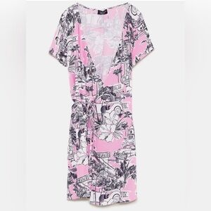 Zara Pink Printed V-Neck Women’s Swim Cover-Up Dress